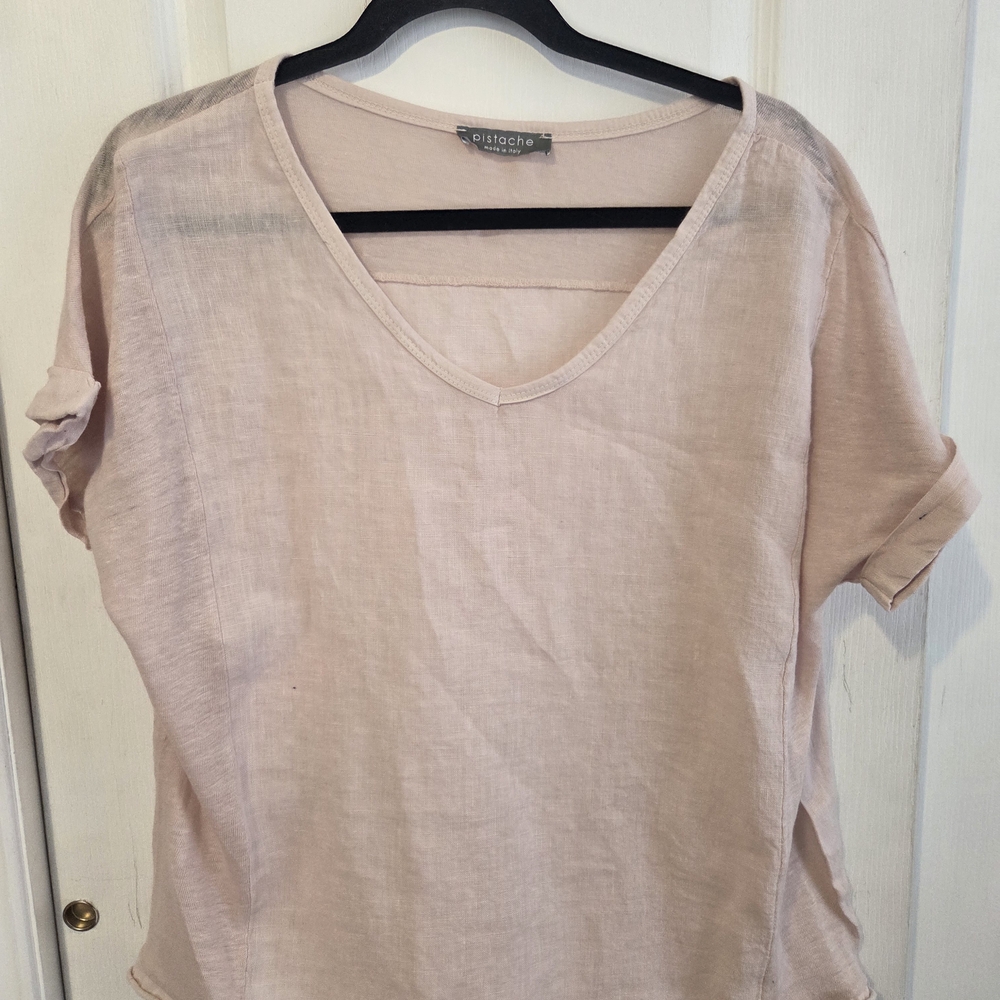 Pink 100% Linen Medium V-Neck PISTACHE Made In ITALY Ladies' Summer Short Sleeve